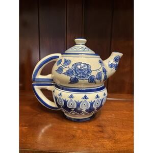 Bella Casa By Ganz Blue And White Floral Hand Painted Stackable Teapot AndTeacup